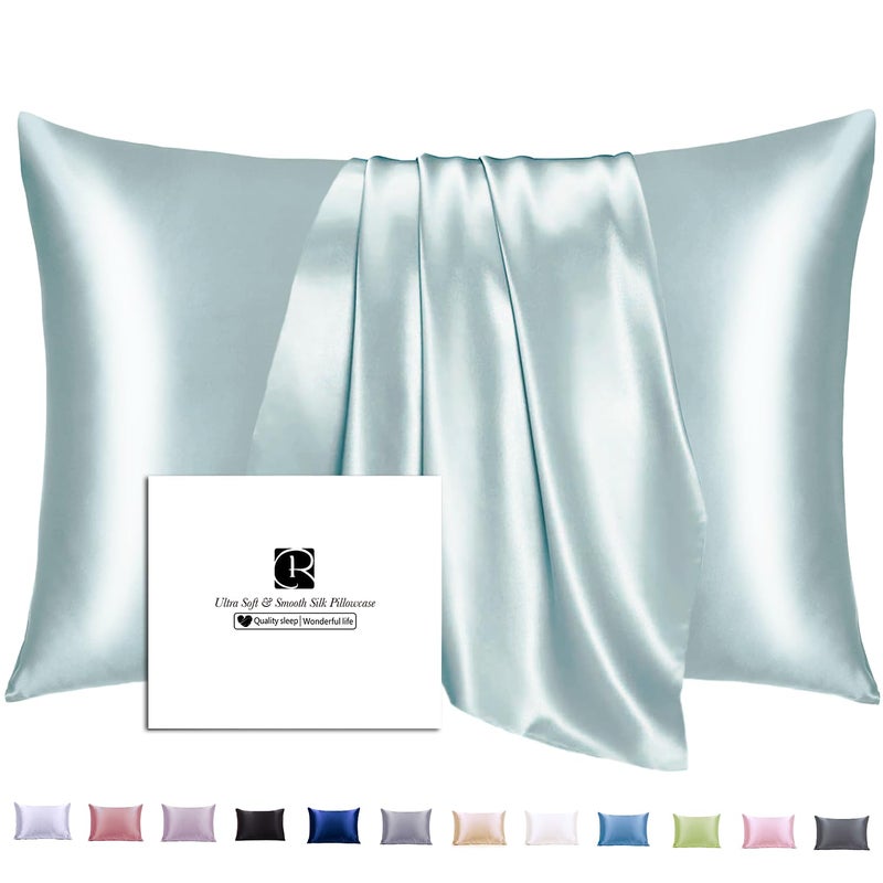 Ravmix Silk Pillow Cases with Zipper, 21momme Mulberry Silk Pillowcase for Hair Skin Health, Soft Smooth Breathable Cool Pillow Cover for Beauty Sleep with Gift Box 1PC(Standard 20"x26", Aqua Green) - Image 1